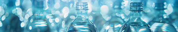 close up of clear class bottles against a light blue color theme