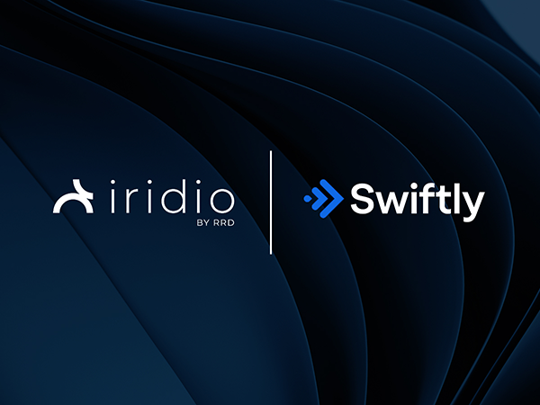 Logos for iridio BY RRD and Swiftly side-by-side on a dark blue background.