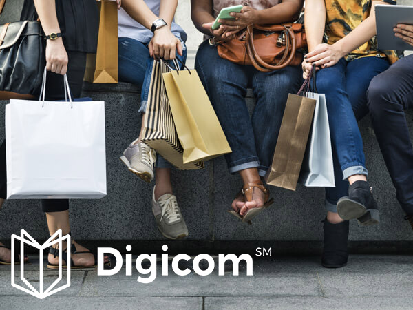 Digicom logo on top of an image of people sitting on a ledge with shopping bags
