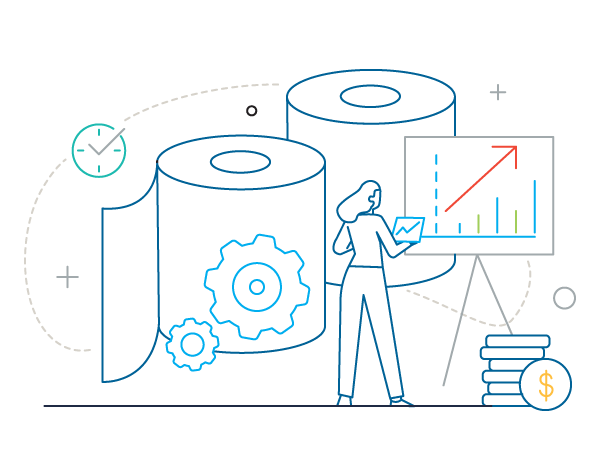 Illustration of a woman looking at a chart that indicates an increase with two rolls of forms in the background