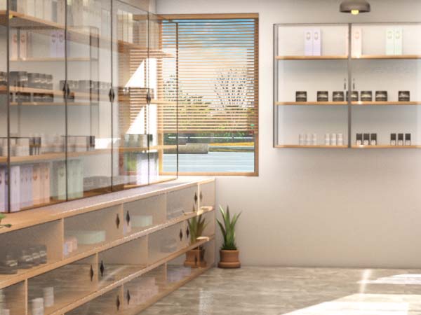 a store counter with a jar of cannabis