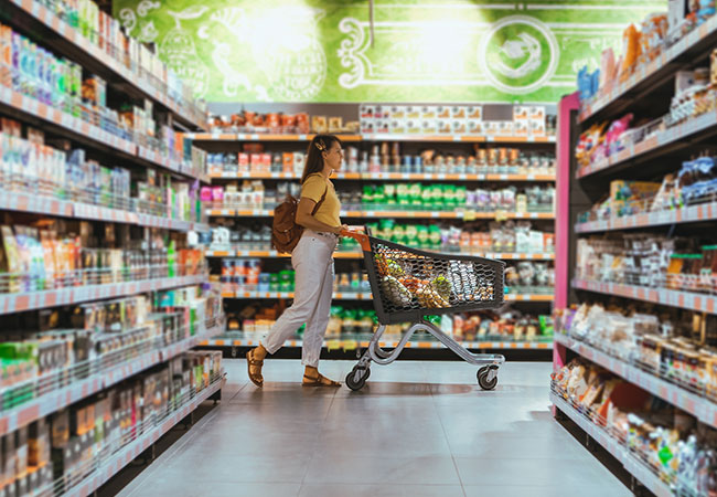 photo of a woman pushing a cart through a grocery store