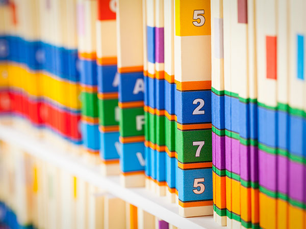 Files on a shelf with color-coded alphanumeric organizational labels