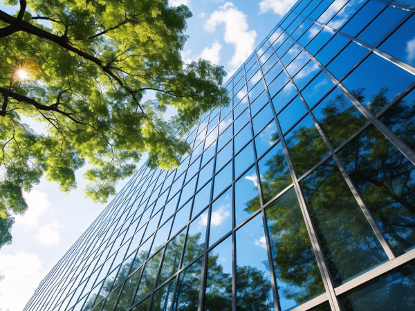 Sustainable glass office building with tree 